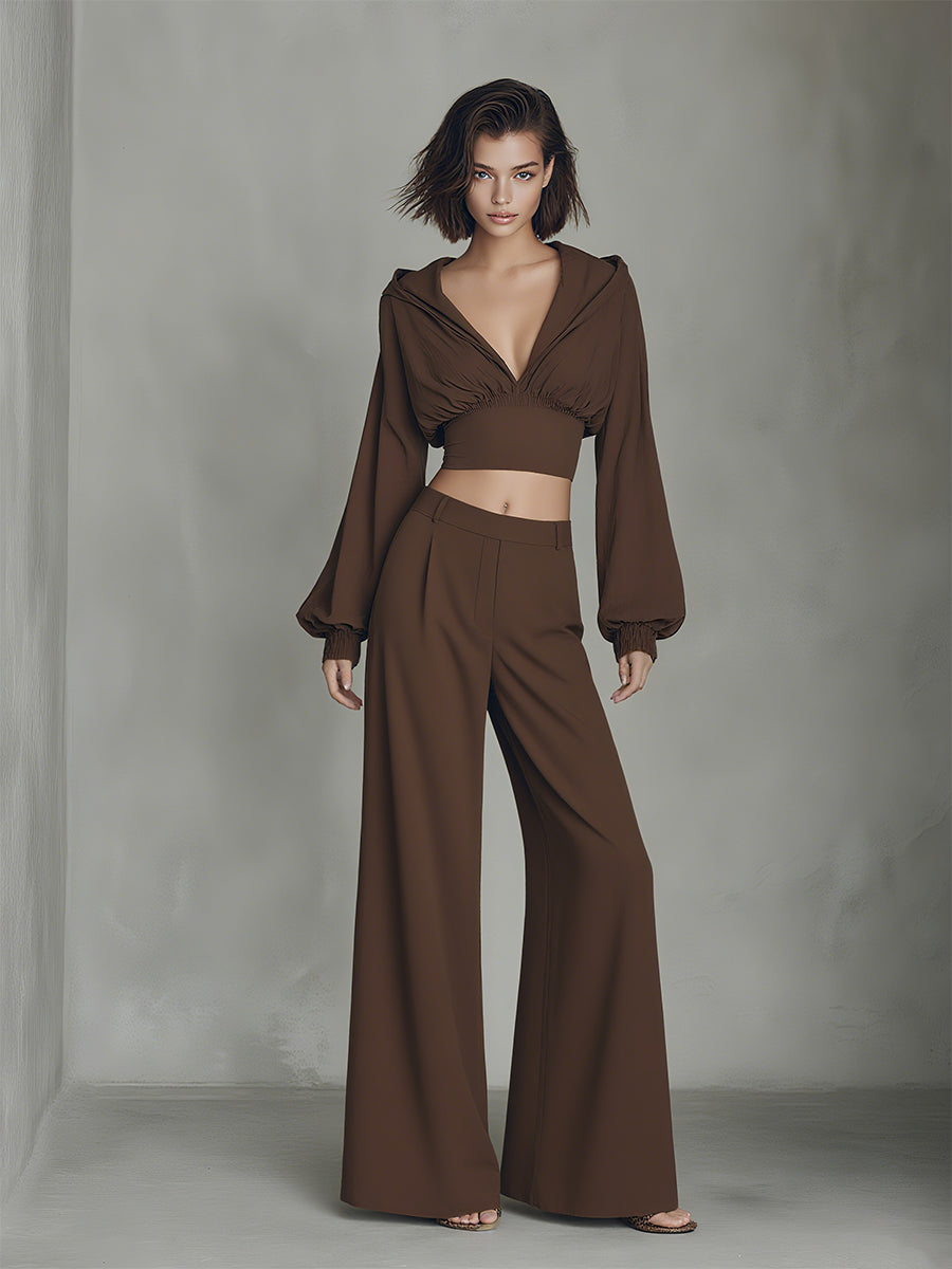 Women's Brown Elegant Crepe Puff - Sleeve Crop Top & Wide - Leg Pants Set MDA1964H8I
