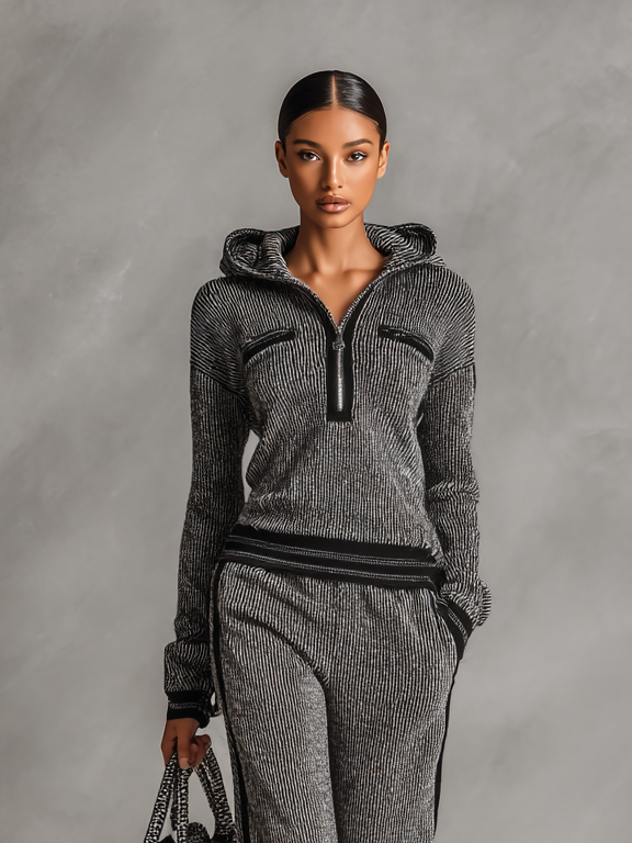 Women's Corduroy Ribbed Black Trim Hooded Sweatshirt Straight Pants Set MDA1849H3Y
