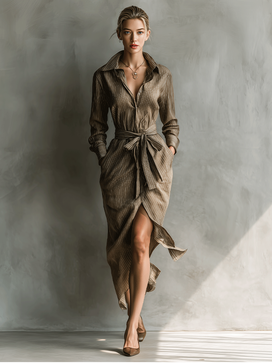 Women's Elegant Vintage Striped Blended Midi Dress MDA2819G4I