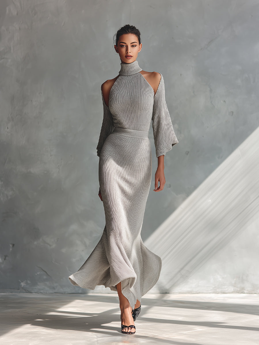 Women's Grey Elegant Ribbed Knit Cut - Out Shoulder Turtleneck Maxi Dress MDA1892H4I
