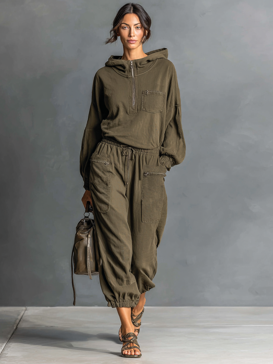 Women's Casual Washed Hooded Sweatshirt And Sweatpants Set MDA1998H5Y
