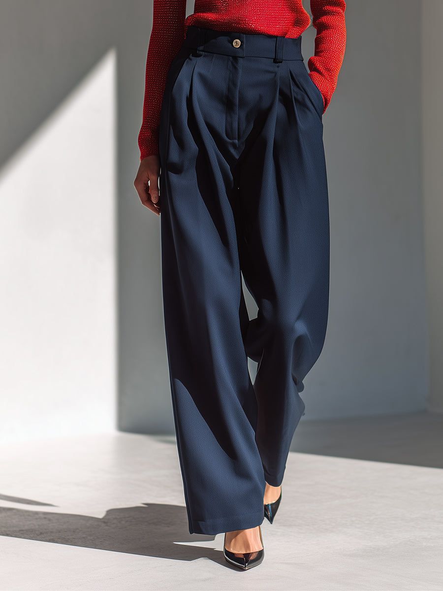 Women's Red & Navy Elegant Glitter - Knit Sweater & Pleated Wide - Leg Pants Set MDA1574H4I