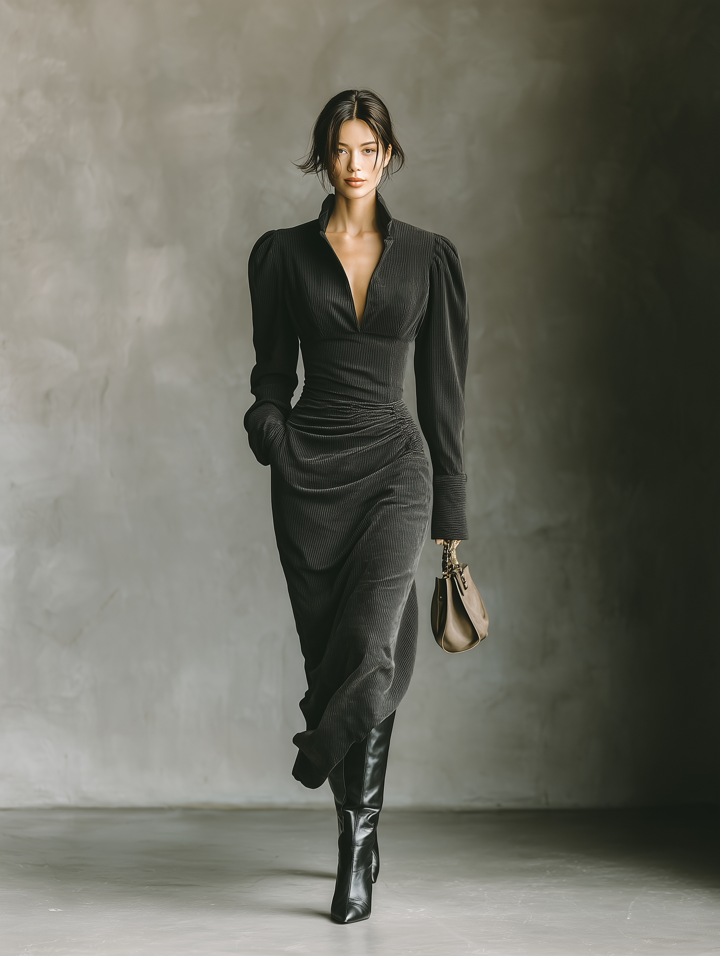 Women's Corduroy V-neck Waist Maxi Dress MDA0132H2T