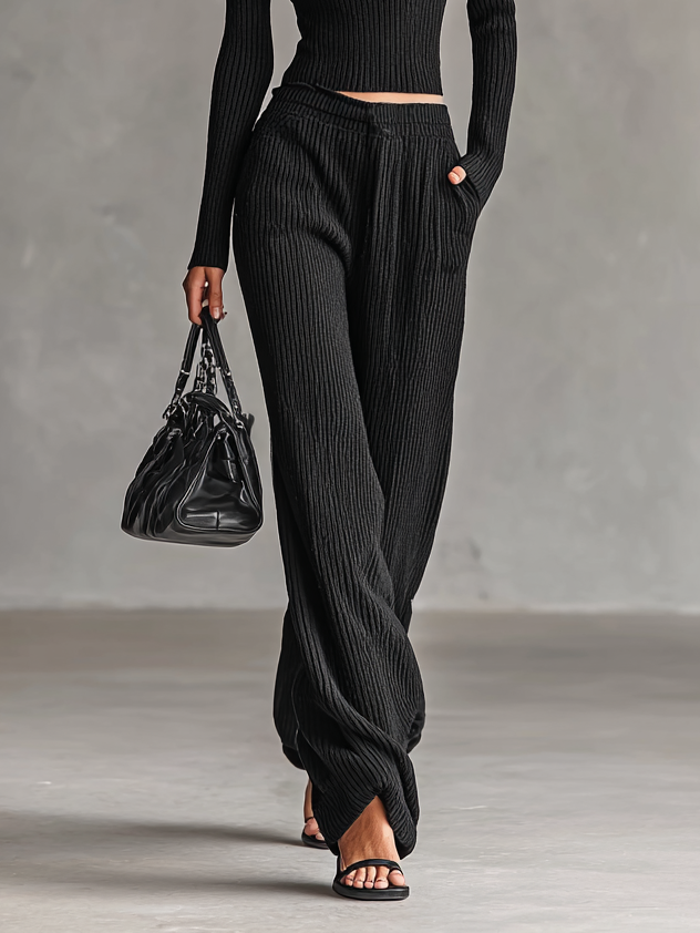 Women's All Black Tight Knitted Button Stand Collar Sweater Straight Pants Set MDA1525H4Y