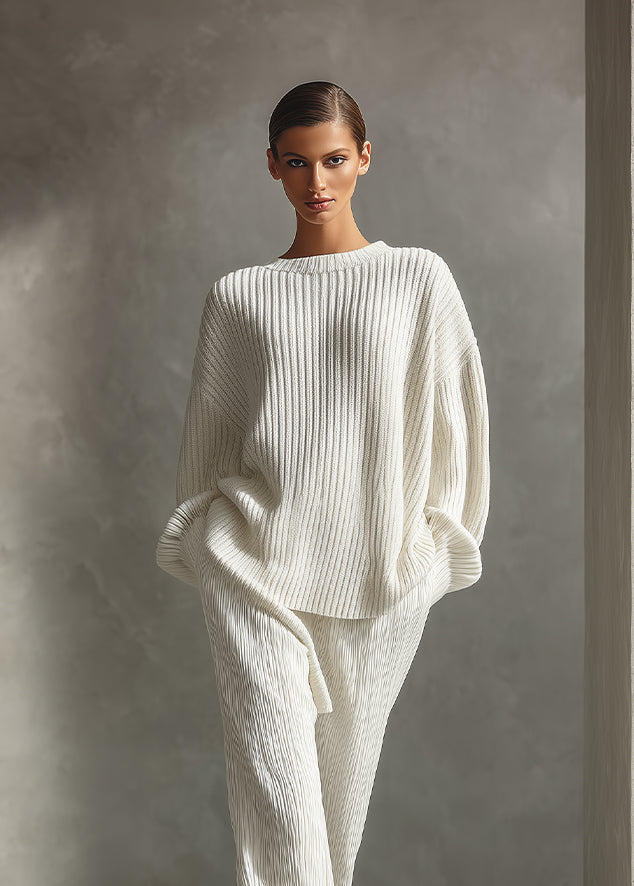 Women's White Minimalist Rib - Knit Oversized Sweater & Pants Set MDA1302H4I