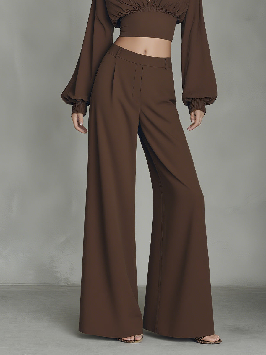 Women's Brown Elegant Crepe Puff - Sleeve Crop Top & Wide - Leg Pants Set MDA1964H8I