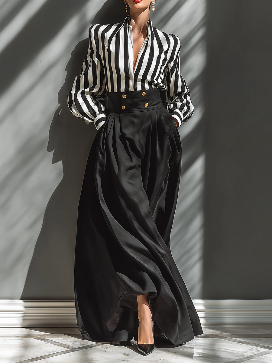 Ladies Black And White Chiffon Long Skirt Set MDA2567G2T