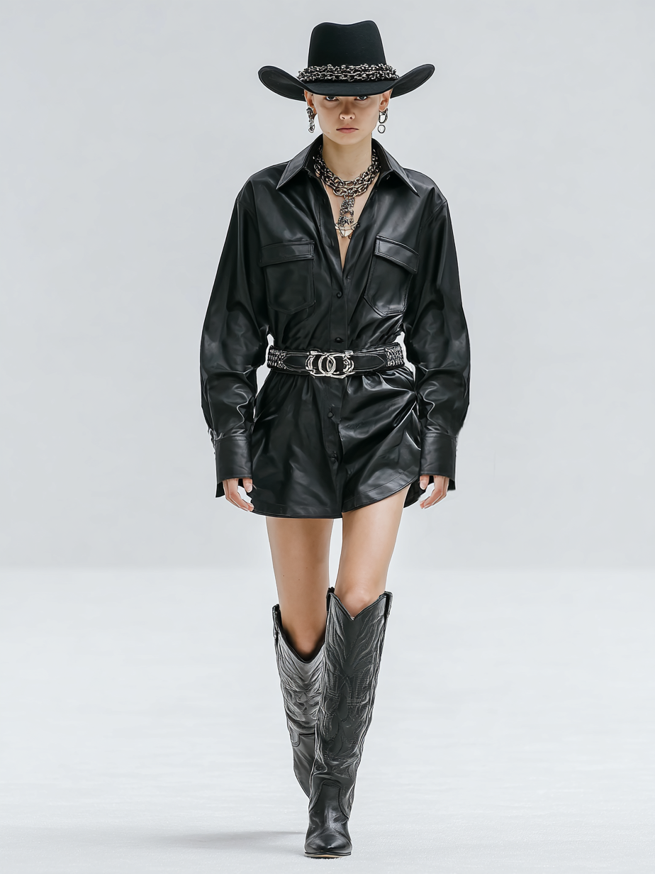 Women's Fashion Loose Leather Double Chest Pocket Mini Shirt Dress (Without Belt)MDA1651H2Y