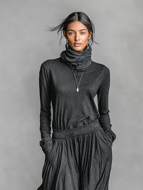 Women's Loose Polo Neck Long Sleeve Elastic Waist Maxil Dress (Scarf Not Included)MDA0780H5Y