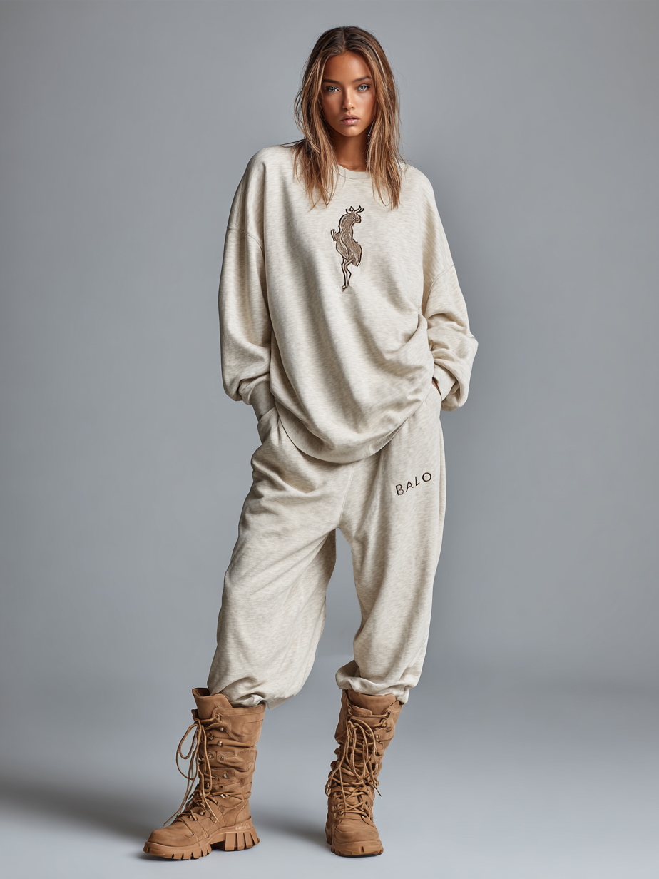 Women's Loose Letter Embroidered Round Neck Sweatshirt And Sweatpants Set MDA0740H9Y