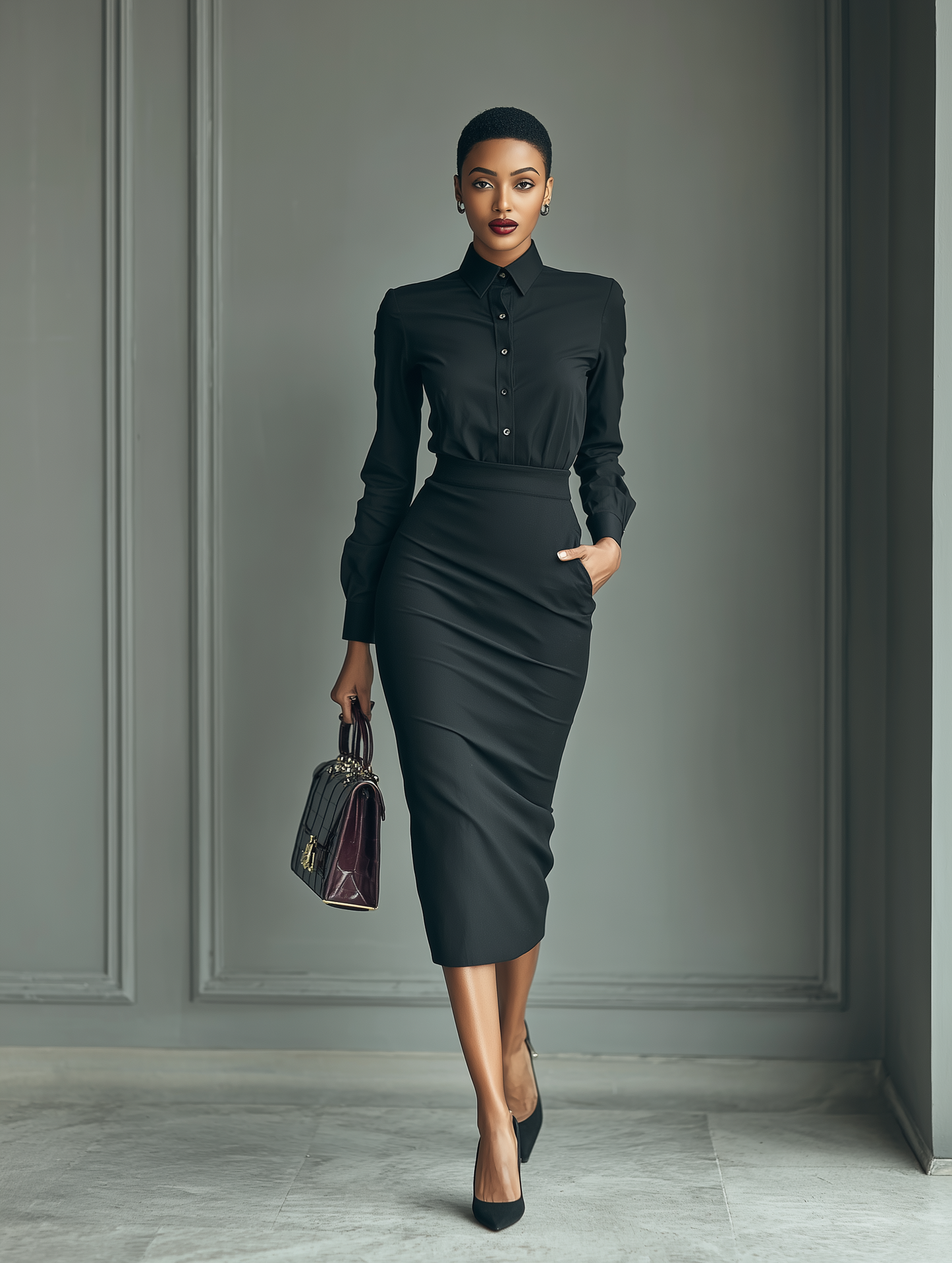 Women's Black Two-piece Shirt And Pencil Pants Set MDA1407H1T