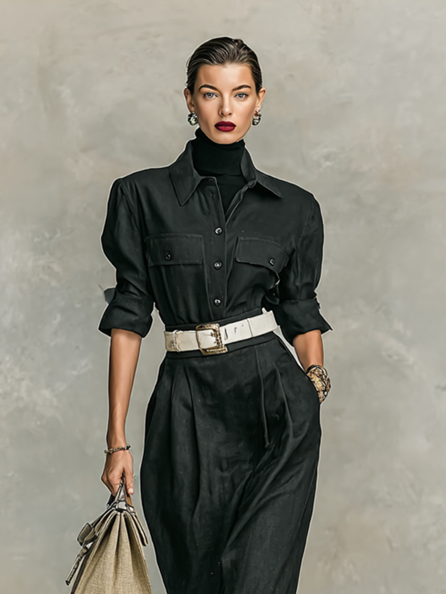 Women's Double Chest Pocket Lapel Long Sleeve Shirt Belt Midi Dress MDA2375G9Y