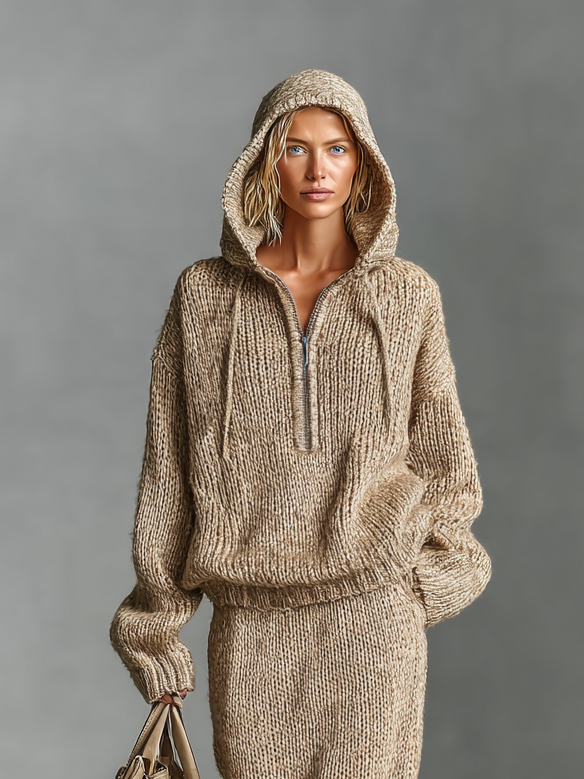 Women's Fashion Loose Knitted Hooded Sweater Skirt Set MDA1546H1Y