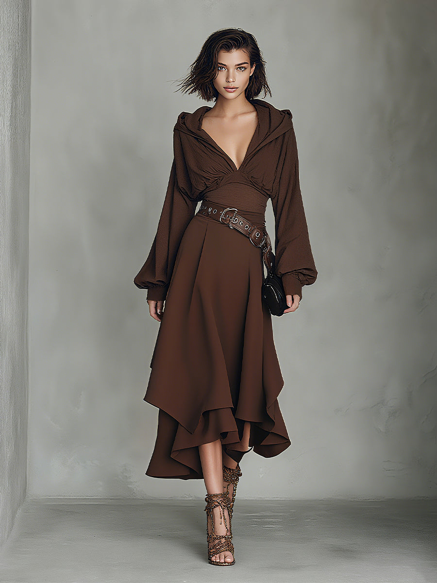 Women's Brown Bohemian Chiffon Hooded Asymmetric Midi Dress MDA1800H6I