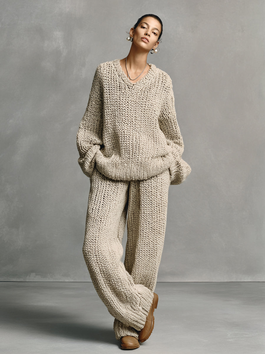 Women's Beige Casual Chunky - Knit Oversized Sweater & Pants Set MDA1448H2I