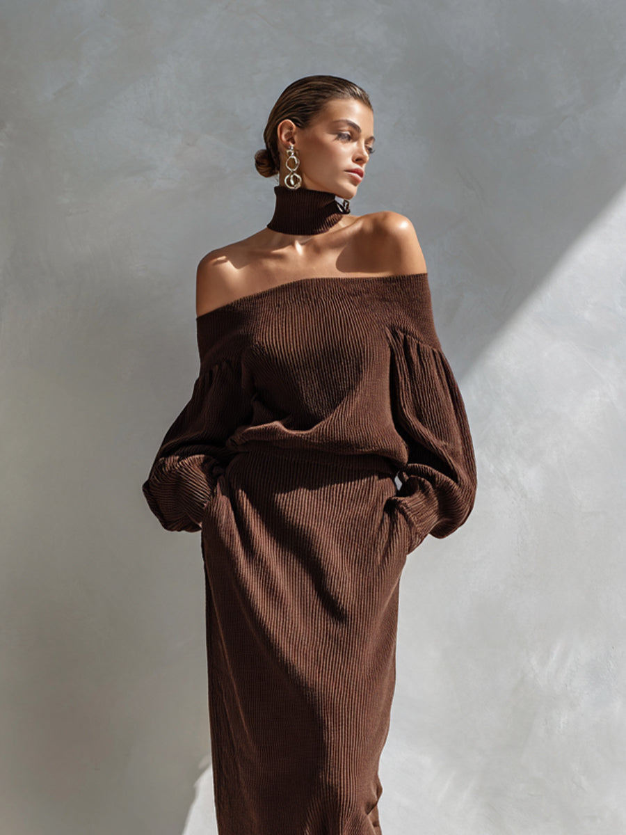 Women's Brown Elegant Rib - Knit Off - Shoulder Skirt Set MDA1550H8I