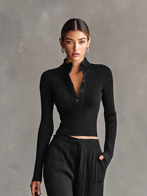 Women's All Black Tight Knitted Button Stand Collar Sweater Straight Pants Set MDA1525H4Y