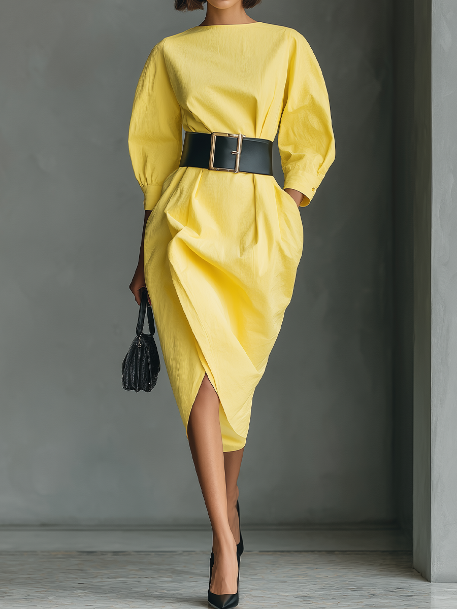 Women's Bright Yellow Cotton Blend Fashionable Midi Dress MDA1407H5T