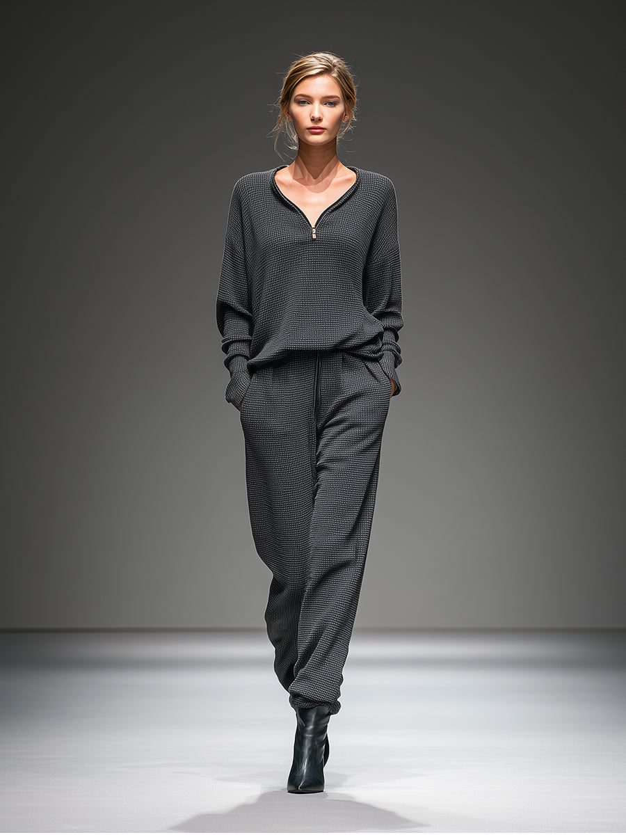 Women's Grey Casual Knit Half - Zip V -Neck Loose Fit Loungewear Two-piece Set MDA0529H6I