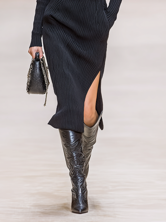 Women's Fashion High Neck Slit Hem Long Sleeve Knitted Midi Dress (Belt Not Included) MDA1334H8Y