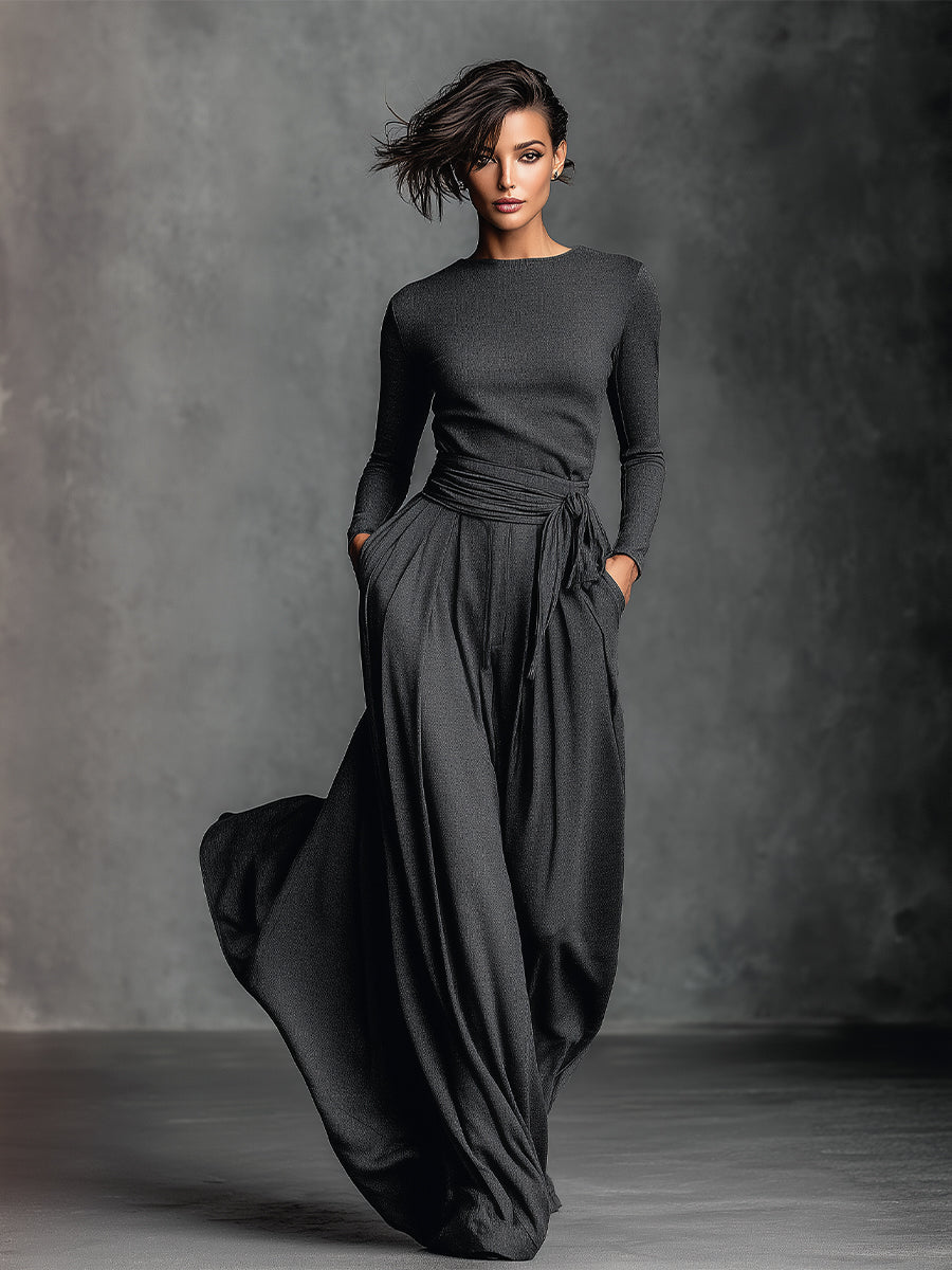 Women's Black Elegant Knit Belted Maxi Dress Two-piece Set MDA2092H3I
