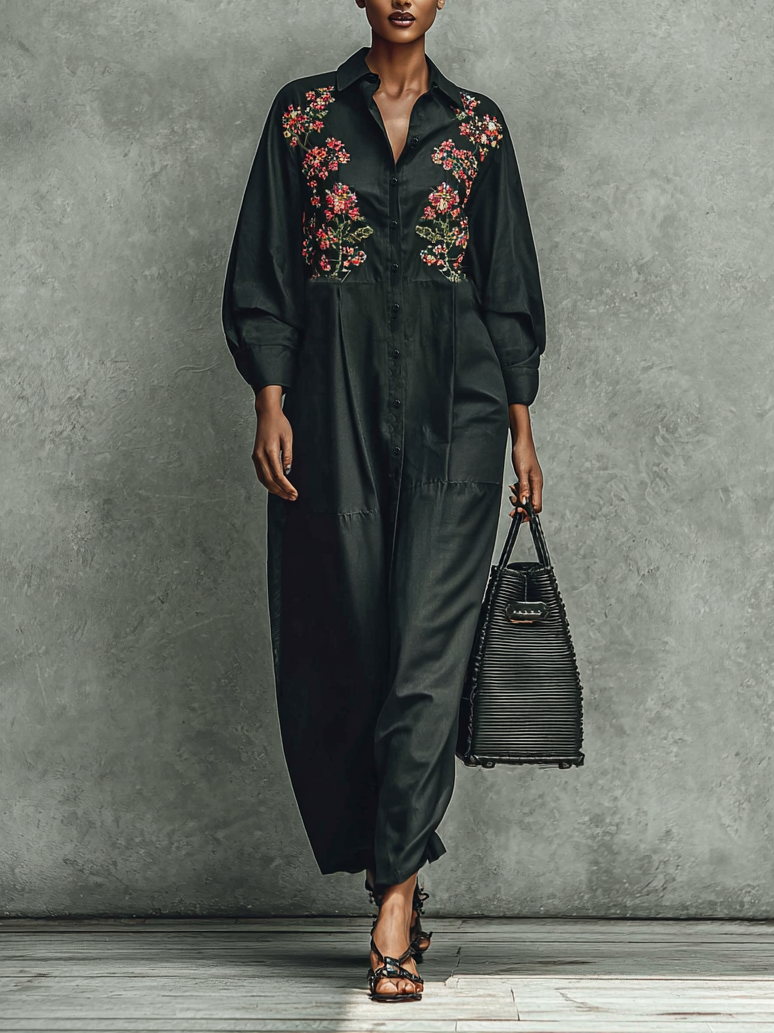 Women's Shoulder Embroidered Long-sleeved Shirt Maxi Dress MDA1496H9Y