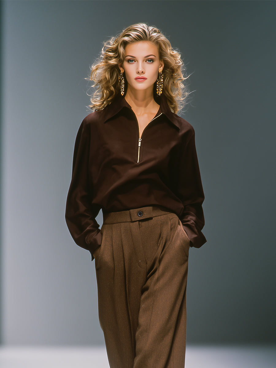 Women's Brown Chic Blend Pleated Trouser Suit Two-piece Set MDA0802H7I