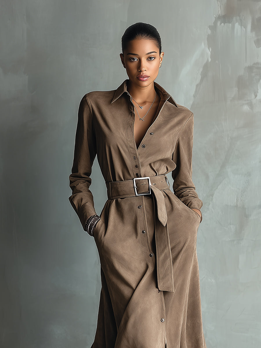 Women's Taupe Elegant Suede - Like Belted Shirt Maxi Dress MDA1441H1I