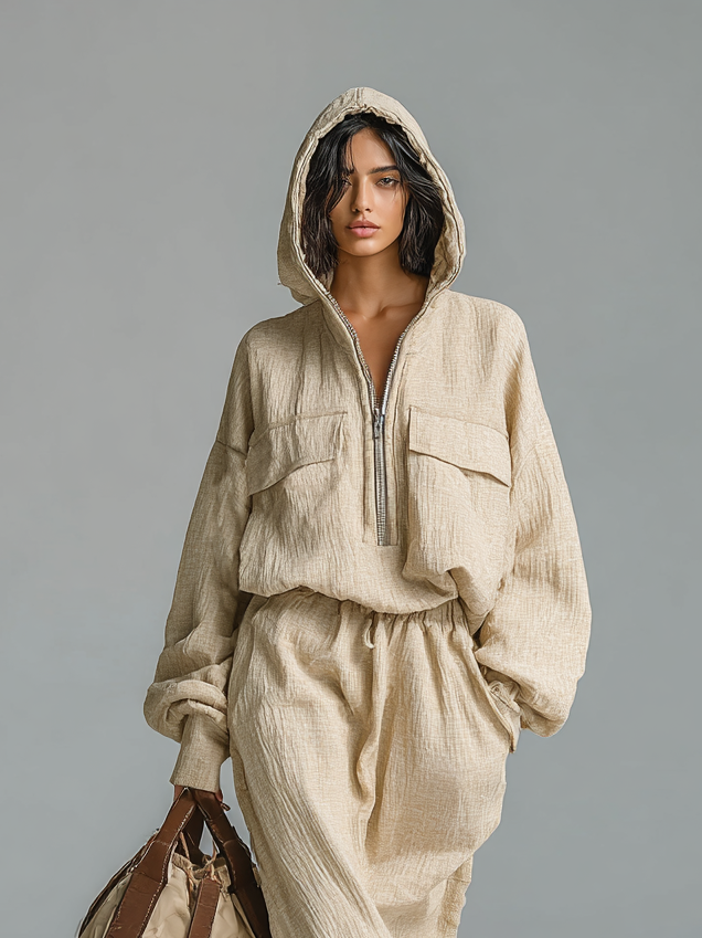 Women's Fashion Loose Cotton And Linen Blended Hooded Top And Skirt Set MDA1579H3Y