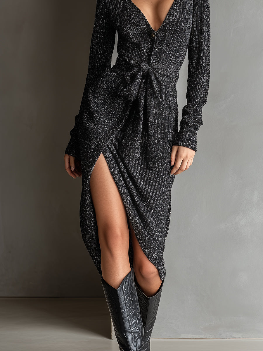 Women's Black Elegant Glitter Knit Tie - Waist Slit Midi Dress MDA1833H2I