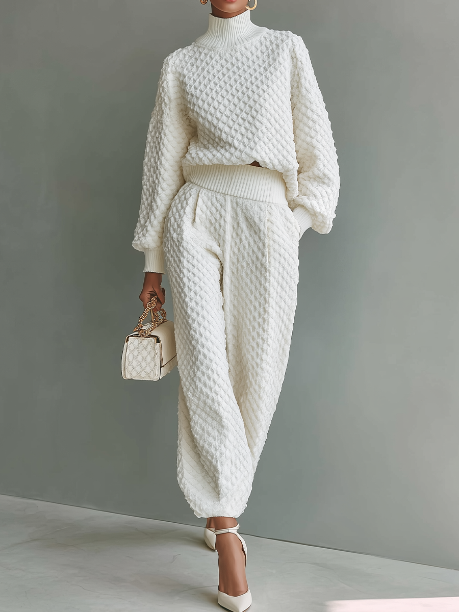 Women's White Top And Wide-leg Pants Knitted Set MDA1612H5T