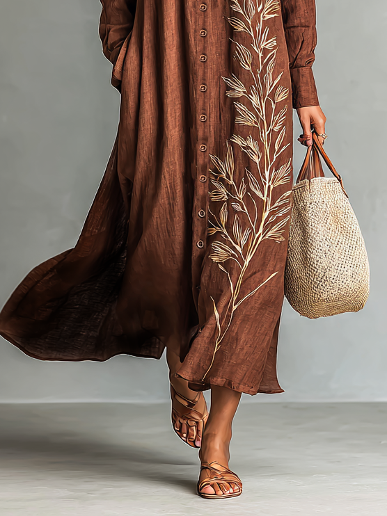 Women's Cotton And Linen Blend Leaf Embroidered Long-sleeved Shirt Maxi Dress MDA1525H1Y