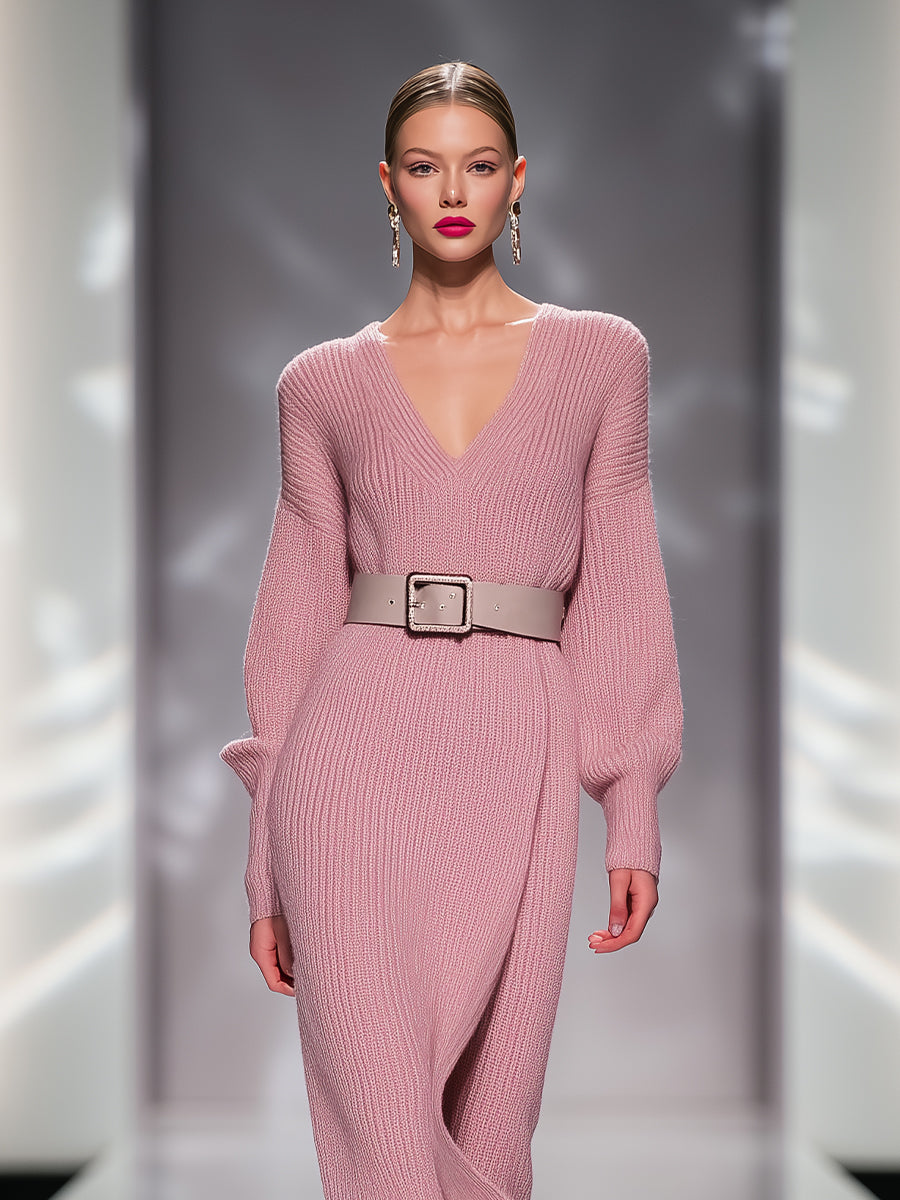 Women's Pink Elegant Rib - Knit Belted Midi Dress MDA0843H7I