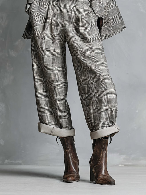 Women's Vintage Welsh Check Double-Breasted Blazer And Straight-Leg Pants Set MDA1802H3Y