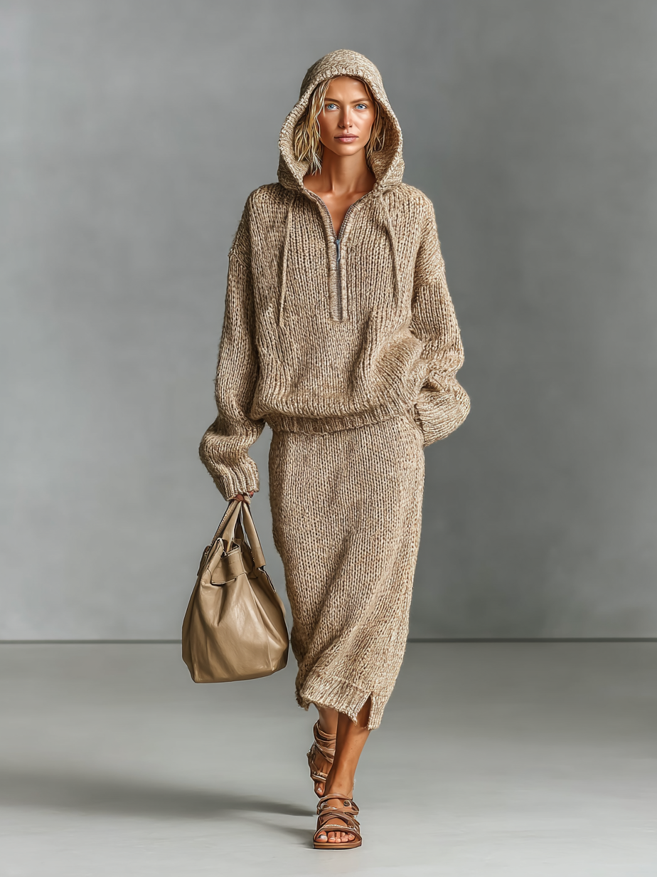 Women's Fashion Loose Knitted Hooded Sweater Skirt Set MDA1546H1Y