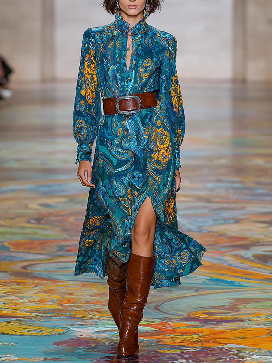 Women's Paisley Print Stand Collar Long Sleeve Loose Slit Midi Dress (Belt Not Included)MDA2485G7Y