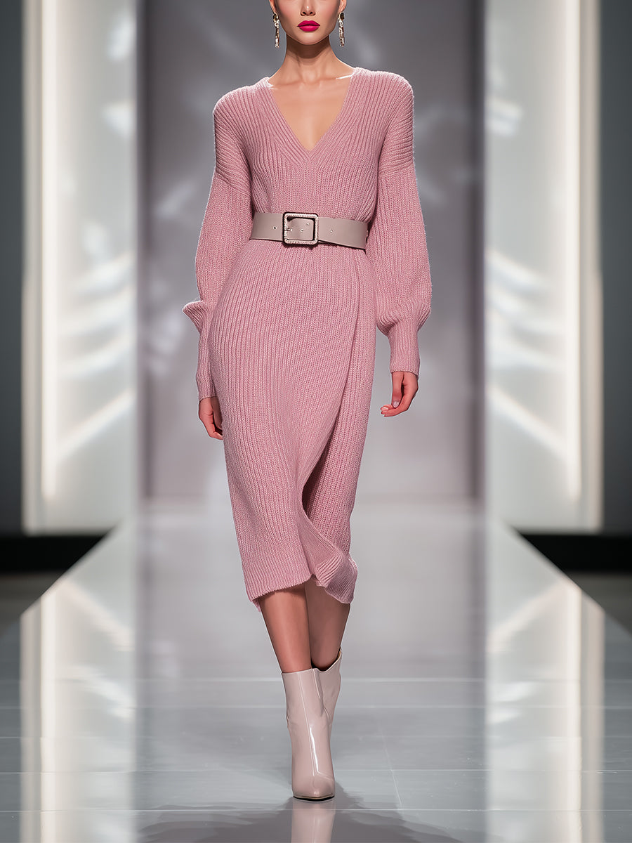 Women's Pink Elegant Rib - Knit Belted Midi Dress MDA0843H7I