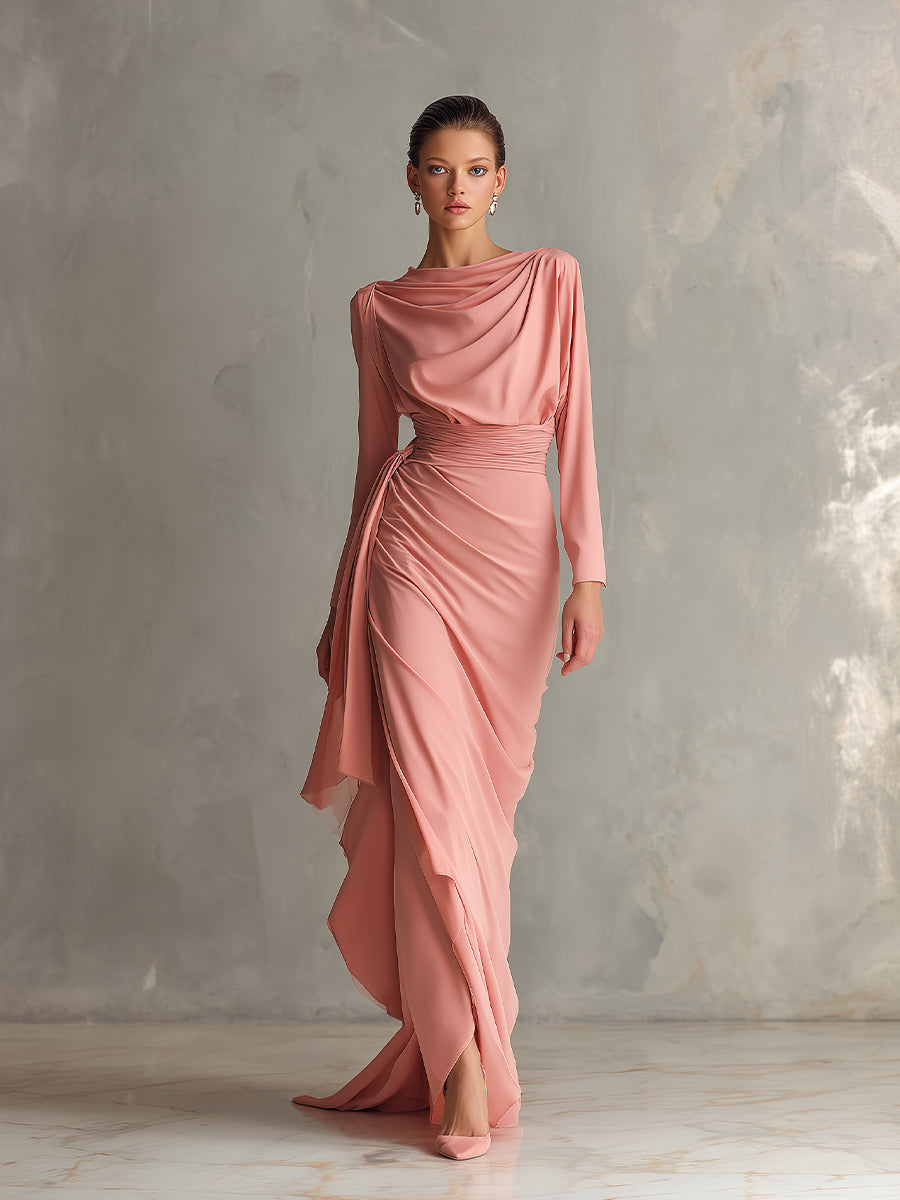 Women's Pink Glamorous Chiffon Draped Ruched Maxi Dress MDA2069H7I