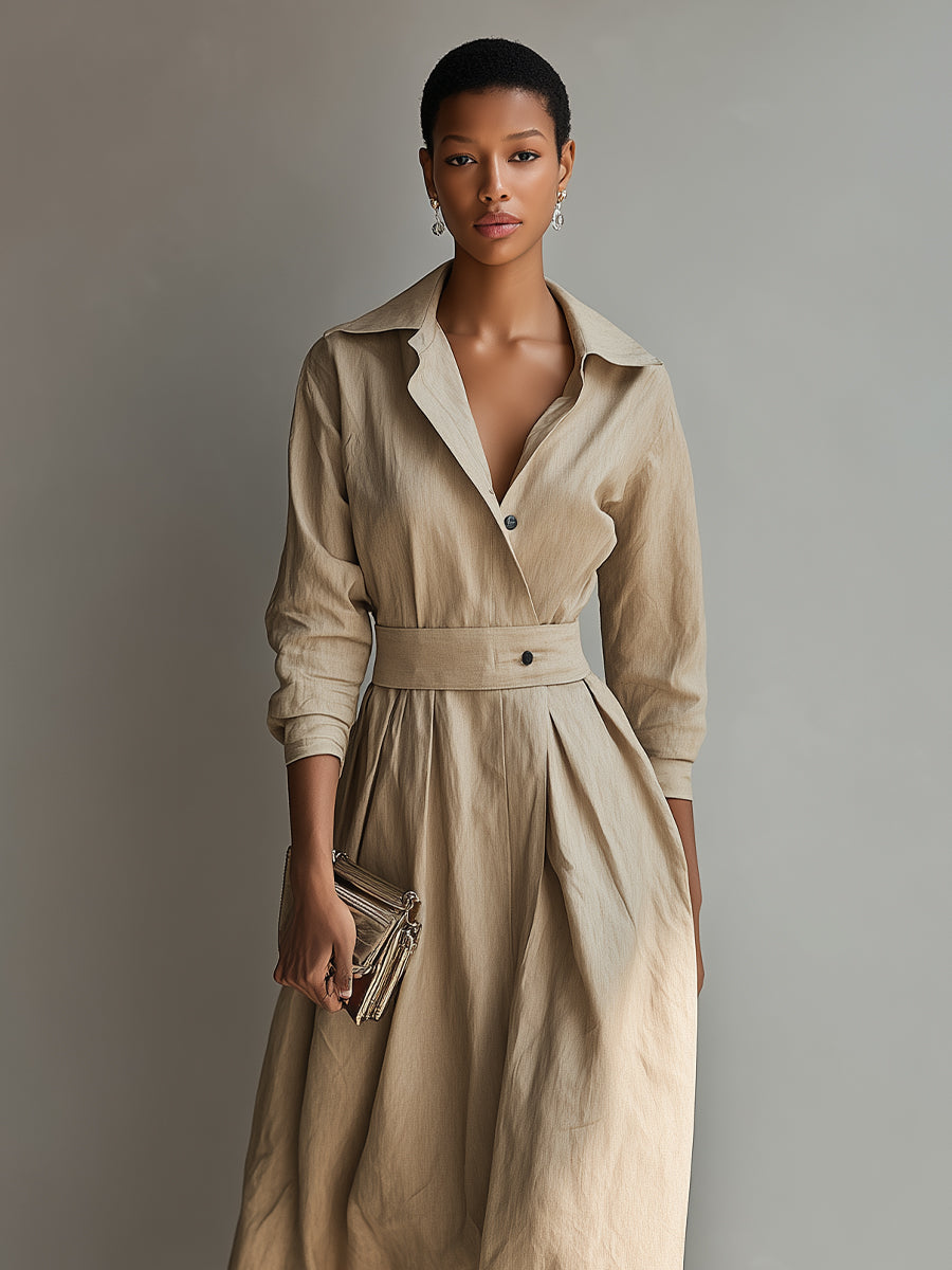 Women's Beige Elegant Linen Belted Wrap - Front Midi Dress MDA1115H3I