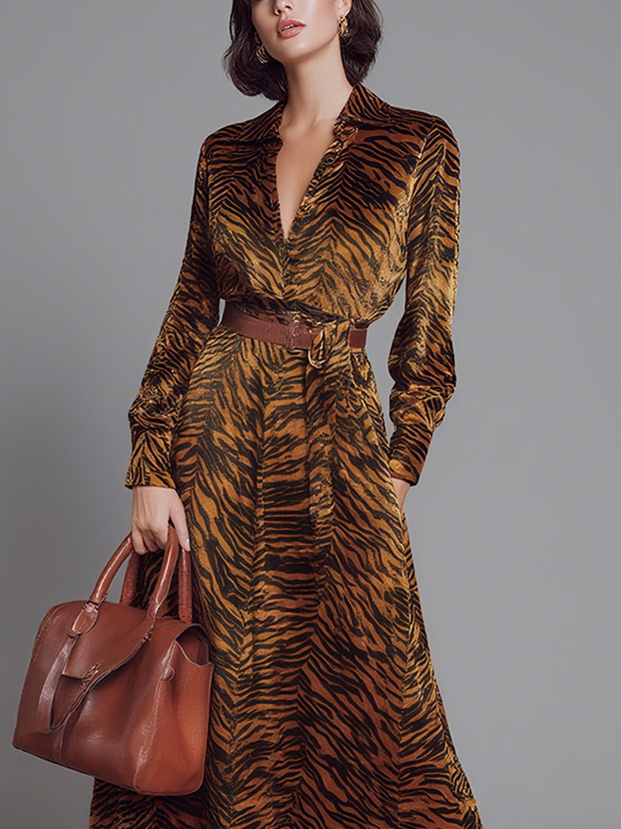 Women's Brown Animal - Print Elegant Velvet Belted Maxi Dress MDA0535H2I