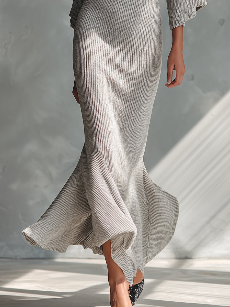 Women's Grey Elegant Ribbed Knit Cut - Out Shoulder Turtleneck Maxi Dress MDA1892H4I