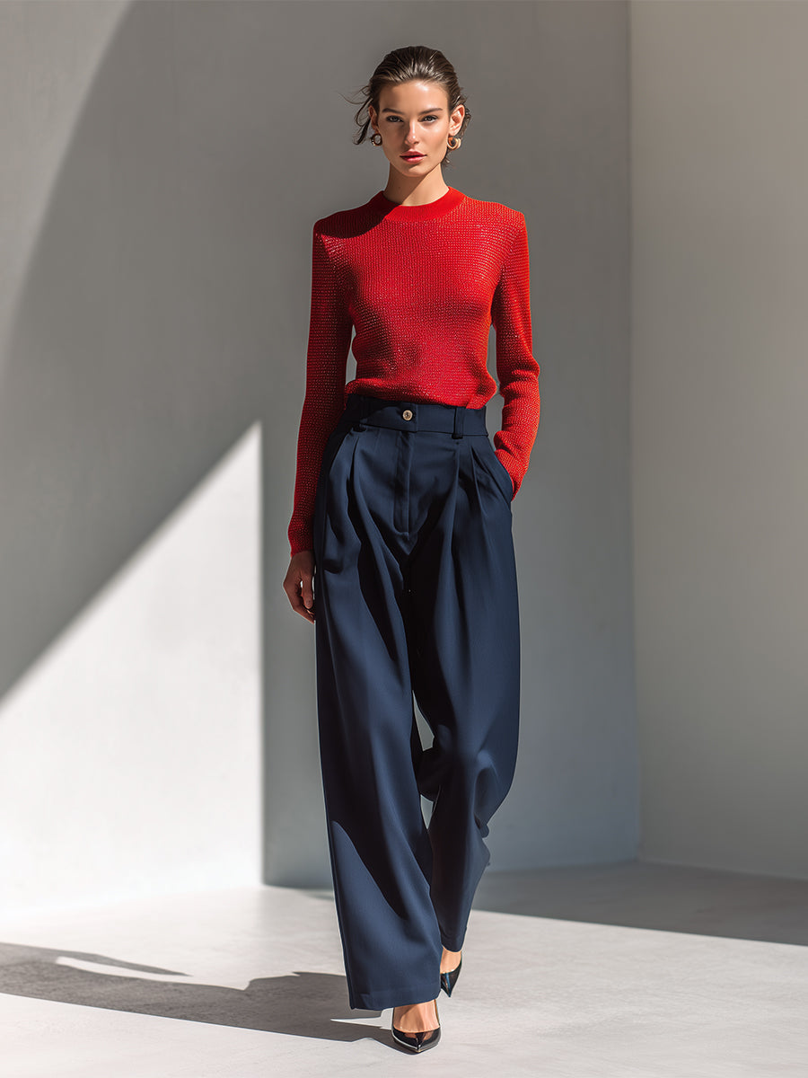Women's Red & Navy Elegant Glitter - Knit Sweater & Pleated Wide - Leg Pants Set MDA1574H4I