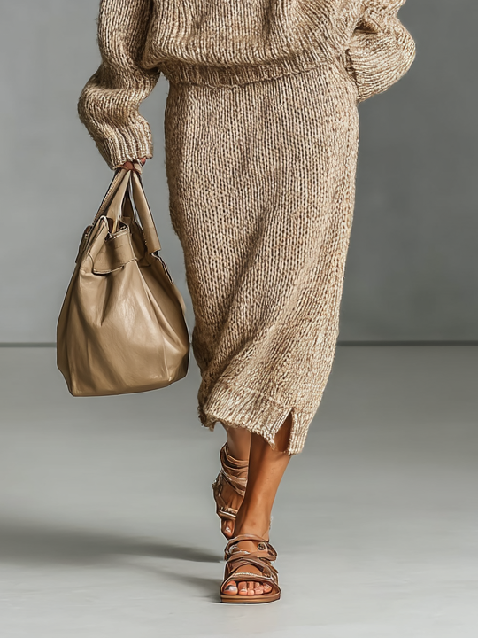 Women's Fashion Loose Knitted Hooded Sweater Skirt Set MDA1546H1Y