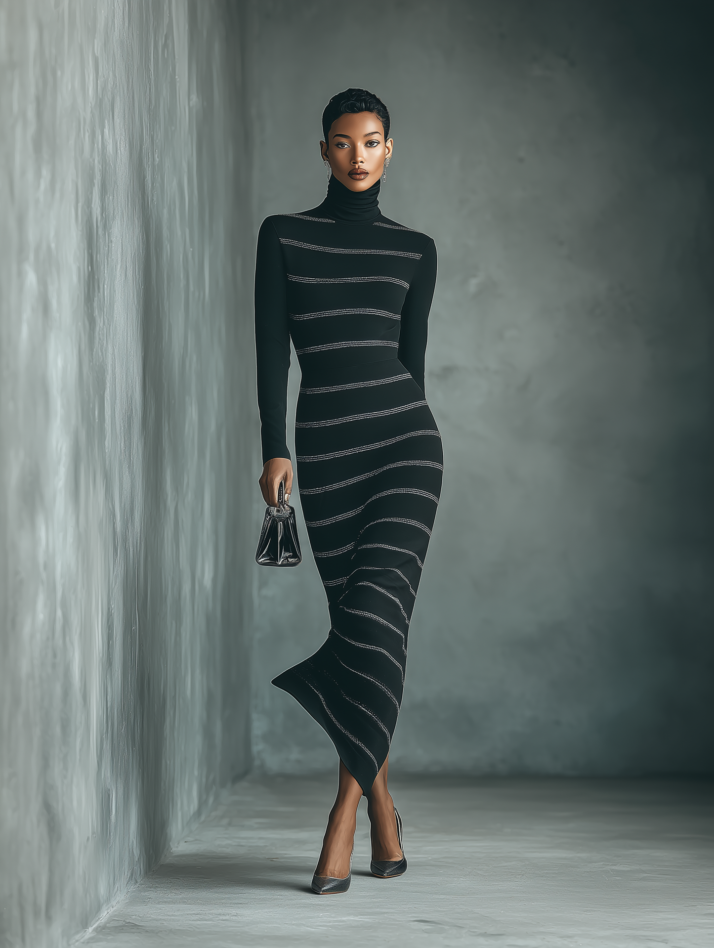 Women's Black Knit High-neck Slim-fit Maxi Dress MDA1440H6T