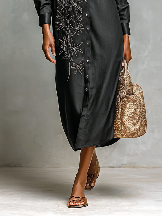 Women's Loose Leaf Embroidered Shirt Maxi Dress MDA1500H0Y