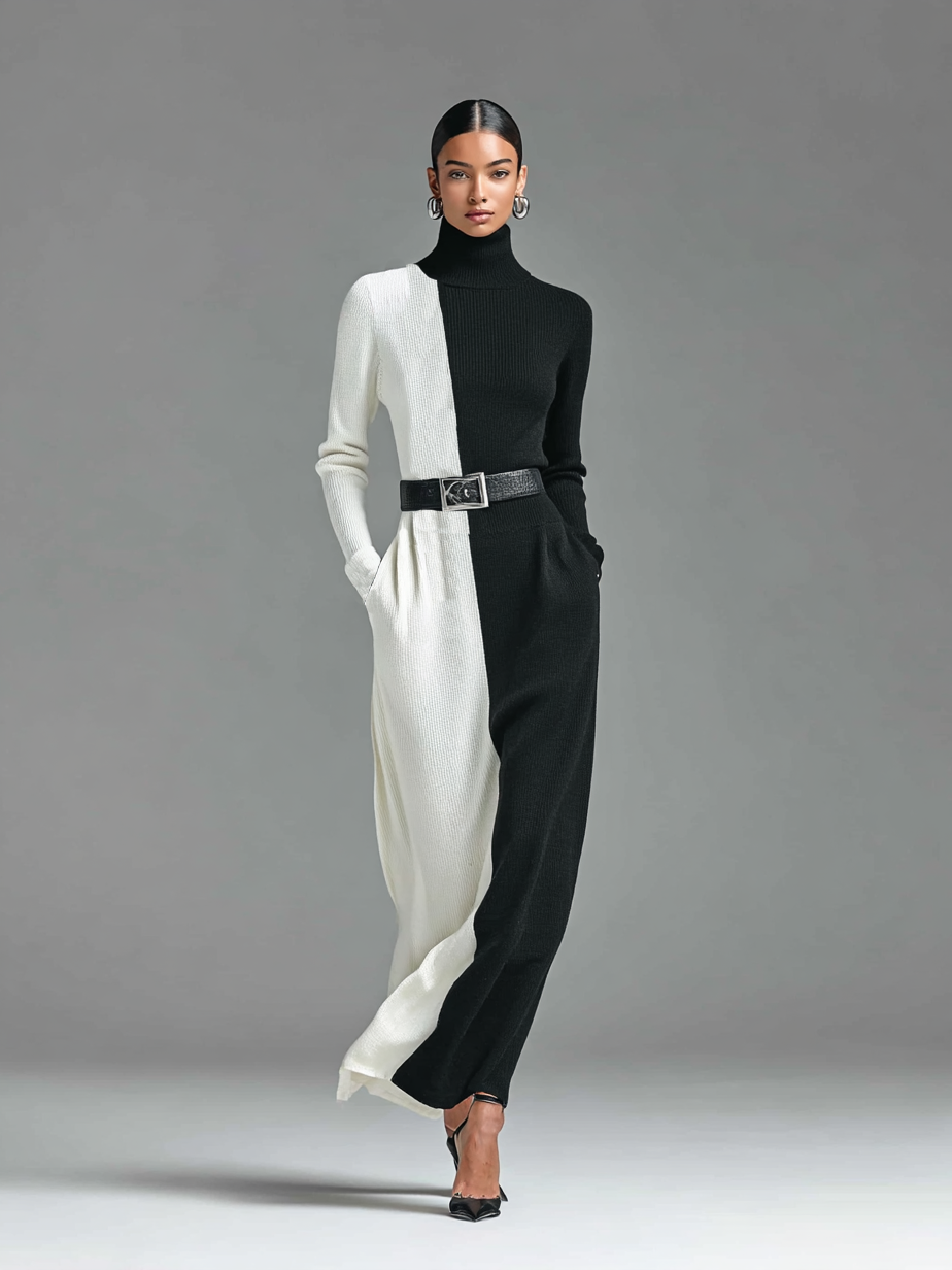 Women's Fashion Loose Turtleneck Black And White Colorblock Knit Maxi Dress (Belt Not Included)MDA1615H4Y