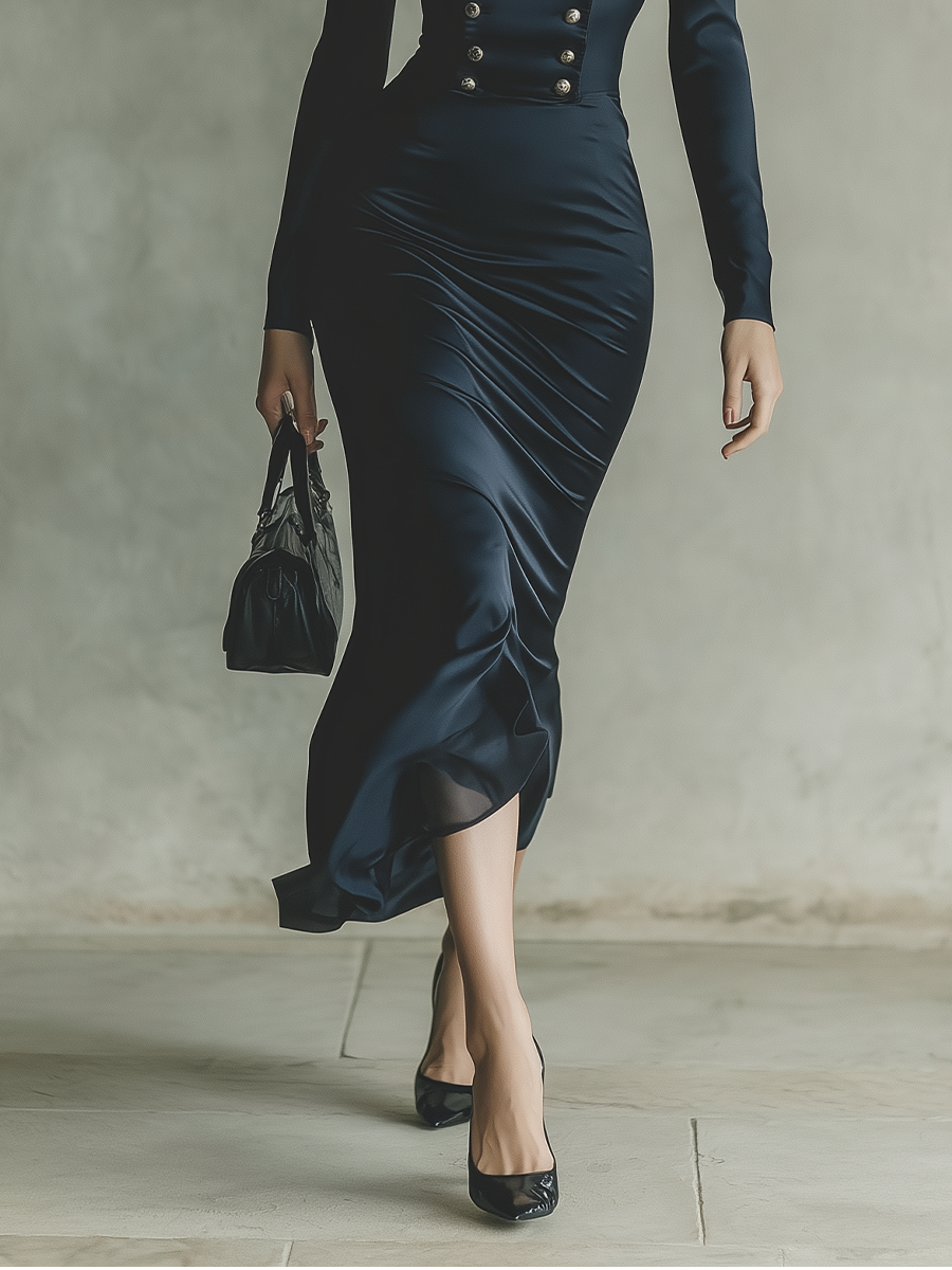Women's Black Satin Slim-fit Maxi Dress MDA1622H6T