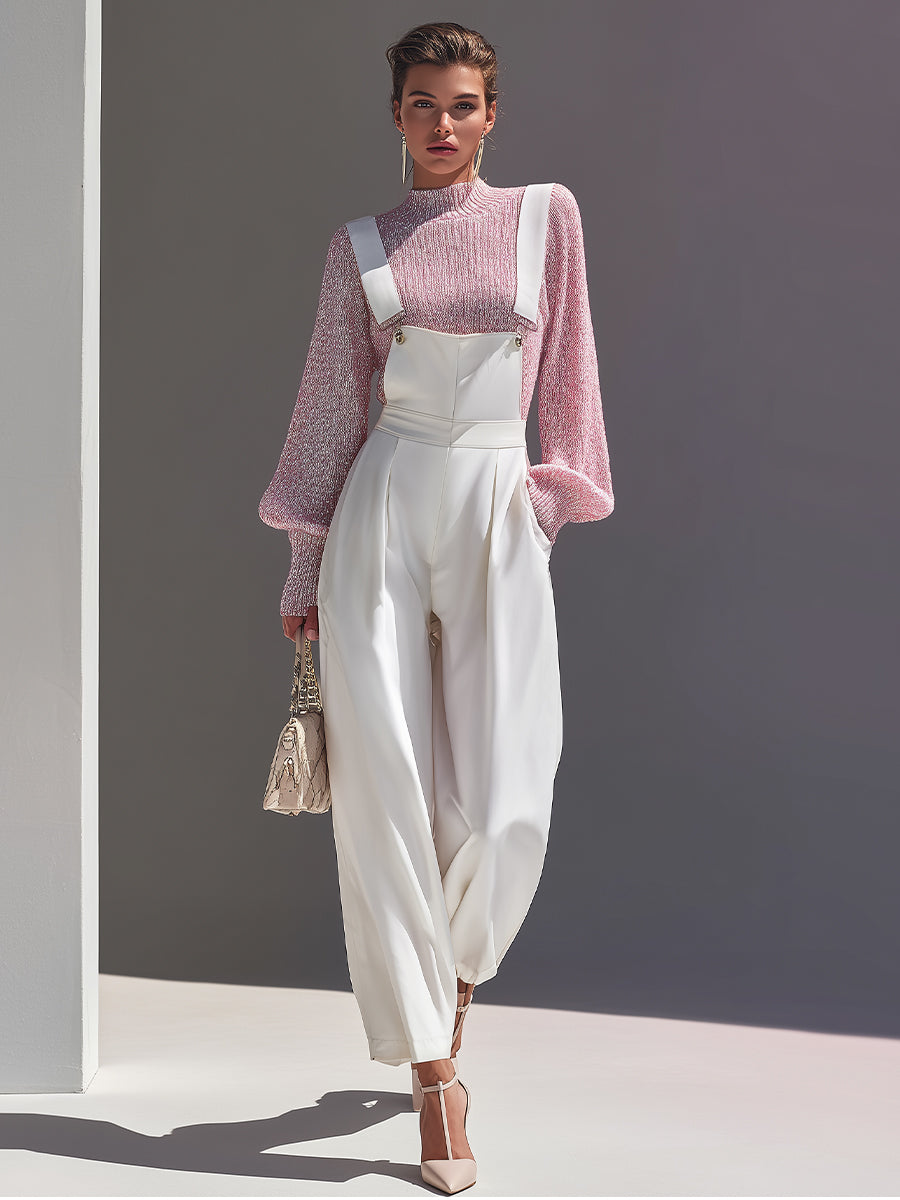 Women's Pink Chic Lurex - Knit Sweater & High - Waist Overalls Set MDA1590H2I