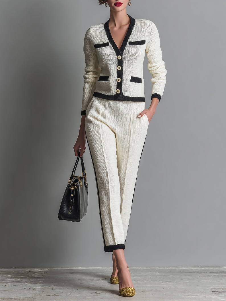 Women's Knitted Black Trim Single-Breasted Cardigan Pants Set MDA1545H4Y