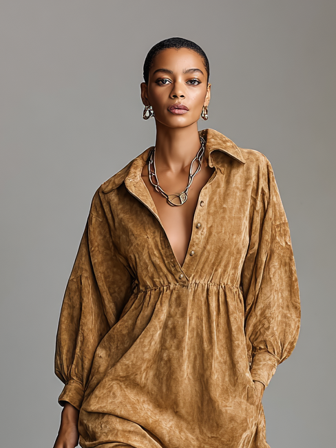Women's Fashion Loose Suede Button Lapel Long Sleeve Midi Dress MDA1975H0Y
